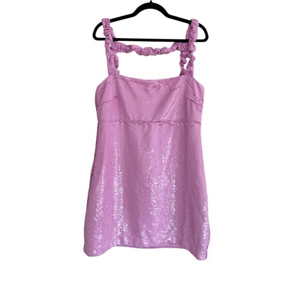 Ganni Satin Sequin Ruffled Trimmed Square Neck Mini Dress Women's Pink Size 42 - Picture 1 of 6